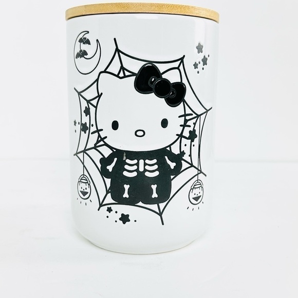 Hello Kitty Skeleton Spider Web Halloween Cellar Style Canister with Wooden Lid - Picture 3 of 3
